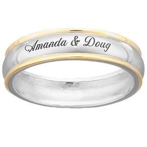   Silver Top Engraved Name/Message Two Tone Wedding Band: Jewelry