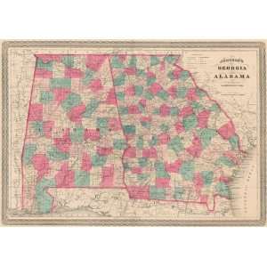  Johnson 1870 Antique Map of Georgia and Alabama Sports 