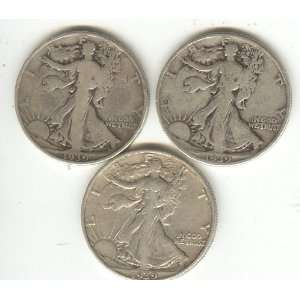  3 WALKING LIBERTY HALF DOLLAR SILVER COINS 1939 P, 1939 D 