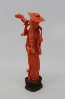 AMAZING ANTIQUE CHINESE CARVED RED CORAL FIGURE OF BEAUTY WITH FISH 