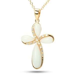  Yellow Gold Plated Sterling Silver Faux Ivory & CZ Cross 