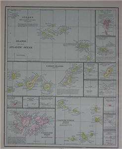 1898 Atlantic Islands Original Color Map** Azores, etc  