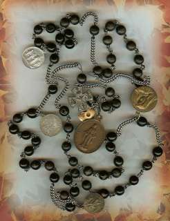   c1870s Lg Beaded 12MM 5 Decade Rosary Lg.BVM Medal & Ox Bone Skull