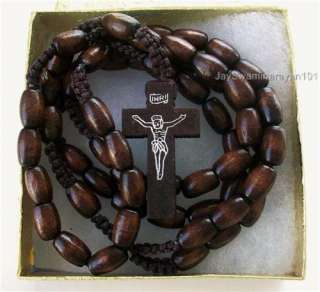 Long Wood Rosary Necklace Beads Mens Wooden Cross 31  