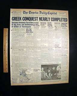 GREECE SURRENDERS to Nazis World War II 1941 Newspaper  