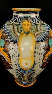 HUGE Cantagalli Italian Faience Majolica Winged Figures Art Pottery 