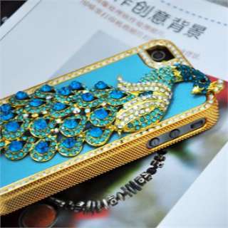 iPhone 4G 4Gs 4S Blue Leather Peacock Diamond Rainstone Bling Case 