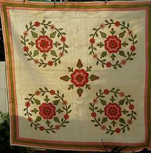 1880s Turkey Red Poison Green Dbl Pink Whig Rose Antique Quilt  