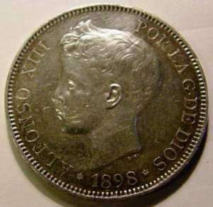 1898 SPAIN Silver Dollar 5 Pesetas Young Head Nice S@@  