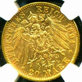 1894 F GERMANY WURTTEMBERG GOLD COIN 20 MARK NGC CERTIFIED GENUINE 