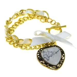  Gold Tone Link Bracelet with White Stone Heart Charm 