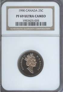 1990 CANADA 25 CENT NGC PF 69 ULTRA CAMEO (UHC)  