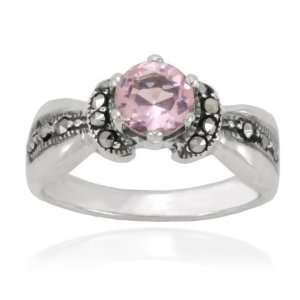  Sterling Silver Marcasite and Faceted Pink Glass Band Ring 