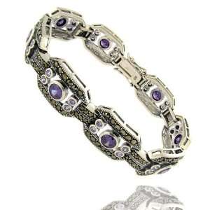   : Sterling Silver Simulated Amethyst Wide Marcasite Bracelet: Jewelry