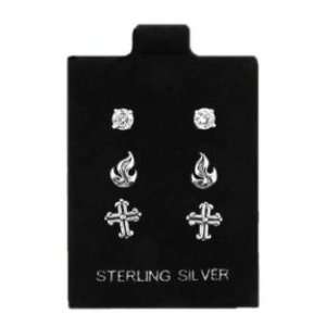  925 Sterling Silver   Flame   Cross Earrings 3 Pairs/Pack 