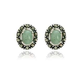    Sterling Silver Marcasite and Jade Oval Stud Earrings Jewelry