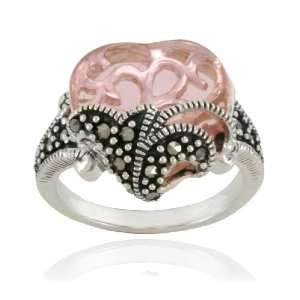  Sterling Silver Marcasite and Pink Glass Heart Ring, Size 