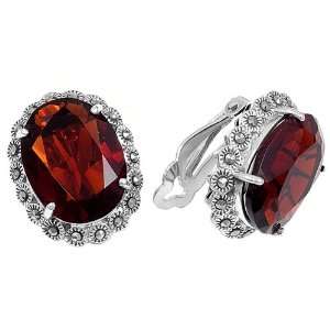   Sterling Silver Earrings with Marcasite and Garnet CZ   24mm: Jewelry