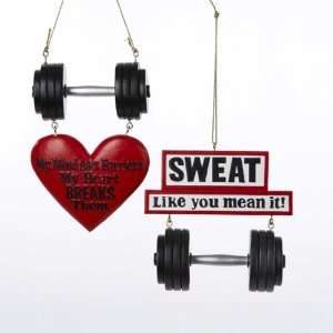   of 12 Heart, Sweat and Dumbbells Gym Workout Christmas Ornaments 3.75