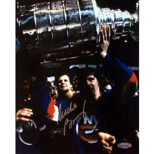  NHL Mike Bossy Cup over head in Blue Jersey 16 by 20 Inch 