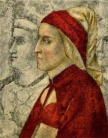 head and chest side portrait of Dante in red and white coat and cowl