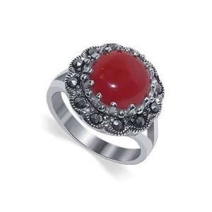   Shape Simulated Red Coral Marcasite Band Polished Finish Ring Size 10