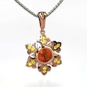 Snowflake Pendant, Round Fire Opal 18K Rose Gold Necklace with Yellow 