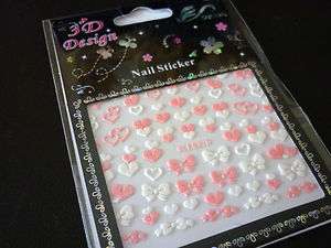 Pink and White Bows & Hearts 3D Design Nail Art Stickers Decals   NEW 