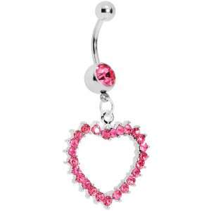 Passionate Pink Gem Paved Hollow Heart Belly Ring