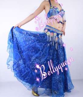 Belly Dance Costume 3pcs Bra Belt with Skirt Royal Blue  