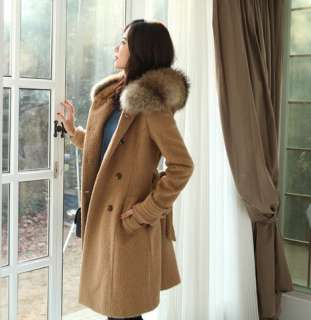 New Womens coat Fur collar Woollen Long Warm Winter Black Brown Coat M 