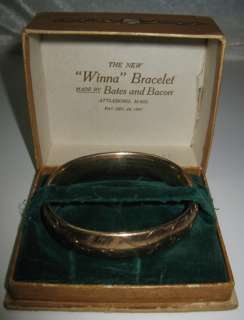   1905 Art Deco Etched Gold Bates & Bacon Bangle Winna Bracelet With Box