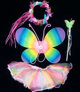TODDLER Rainbow Fairy Wings Butterfly Costume Tutu Wand  