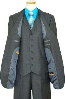   GREY W/ TURQUOISE WINDOWPANES WOOL & SILK VESTED SUIT~40R  