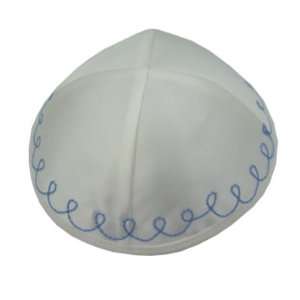 Satin Kippot White Colored. Light Blue Wave Embroidered Design. Made 
