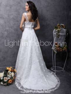   Cap sleeve Court Train Satin Lace Wedding Dress Bridal Gowns  