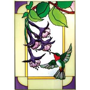  Hummingbird Fuchsia Painted Art Glass Window 14w x 20.5h 