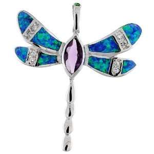  Sterling Silver Dragonfly Pendant, Inlaid w/ Lab Opal with 