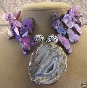 LAVENDER PURPLE AGATE DRUSY GEODE NATURAL RAW CRYSTAL PENDANT NECKLACE 