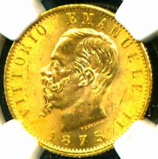 1873 M ITALY GOLD COIN 20 LIRE * NGC MS 63 * SCARCE GEM  