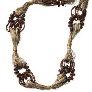  Gold tone Hamba Wood/Multi color Thread Slip on Necklace 