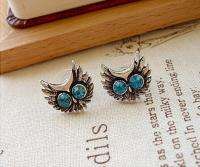 New Vintage Style Blue Rhinestone Eyes Owl Earrings Silver  