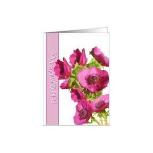 feliz cumpleanos spanish happy birthday pink anemone flowers Card