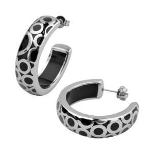 Womens Stainless Steel Hoop Earrings with Black Resin Fill and Steel 