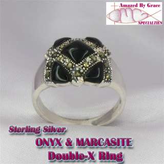 Solid Sterling Silver Onyx Inlays and Marcasite XX Ring sz 8 9 10 