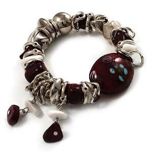   Silver Tone Burgundy & White Glass Bead Charm Flex Bracelet: Jewelry