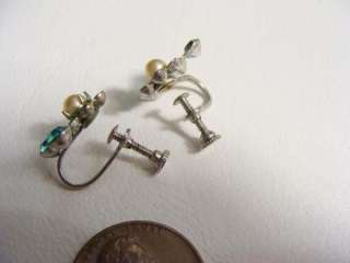 vintage TEAL AQUA RHINESTONE FAUX PEARL Screw Earrings  