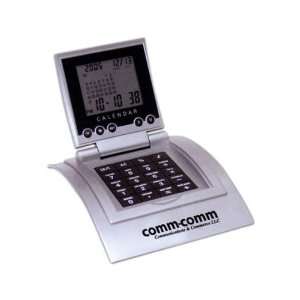   time travel alarm clock desk stand with calculator.