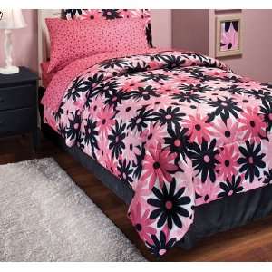  Pink & Black Daisy Dot Teen Twin Comforter Set (6 Piece 