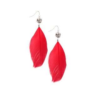  Red Feather Gemstone Ball Drop Earrings: Jewelry